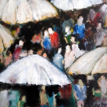 Painting titled "Le marché" by Robert Charles, Original Artwork, Oil Mounted on Wood Stretcher frame
