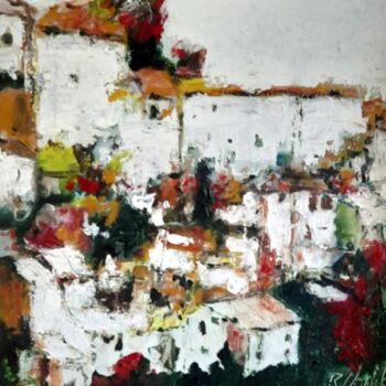 Painting titled "Village provençal" by Robert Charles, Original Artwork, Oil Mounted on Cardboard