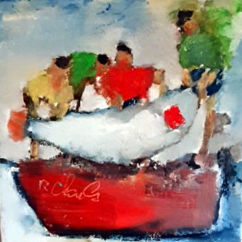 Painting titled "Partie de pêche" by Robert Charles, Original Artwork, Oil Mounted on Wood Stretcher frame