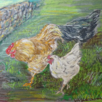 Pintura intitulada "coq-et-poules.jpg" por Robert Dahout, Obras de arte originais, Pastel