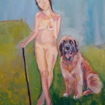 Pintura intitulada "bergère et son chien" por Robert Gauthier, Obras de arte originais, Óleo