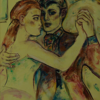Painting titled "Danse avec l'Ange" by Robert Gibson, Original Artwork, Oil Mounted on Wood Stretcher frame