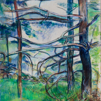Schilderij getiteld "Forêt - Peinture à…" door Robert Gibson, Origineel Kunstwerk, Olie Gemonteerd op Frame voor houten bran…