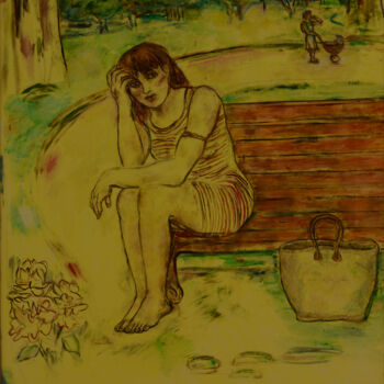 Painting titled "Femme au panier 1-…" by Robert Gibson, Original Artwork, Oil Mounted on Wood Stretcher frame