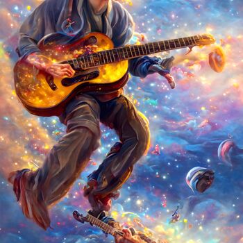 Digitale Kunst mit dem Titel "Gitarrist im Univer…" von Robert Kouba, Original-Kunstwerk, KI-generiertes Bild