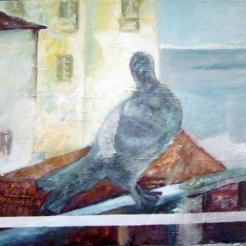 Painting titled "Pigeon sur les toits" by Robert Labor, Original Artwork, Oil