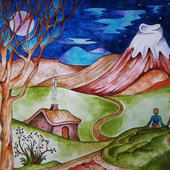 Painting titled "Le volcan garni de…" by Bob, Original Artwork, Ink