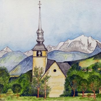 Peinture intitulée "L'église de Cordon.…" par Bob, Œuvre d'art originale, Gouache