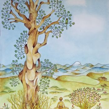 Painting titled "L'arbre aux deux pe…" by Bob, Original Artwork, Watercolor