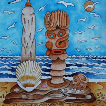 Peinture intitulée "Le totem 2 - Sur la…" par Bob, Œuvre d'art originale, Gouache