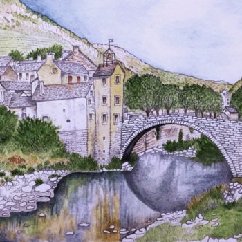 Peinture intitulée "Le Tarn à Pont de M…" par Bob, Œuvre d'art originale, Gouache
