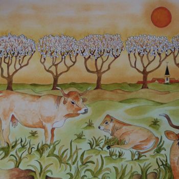Peinture intitulée "Les vaches au print…" par Bob, Œuvre d'art originale, Aquarelle