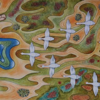 Painting titled "La migration" by Bob, Original Artwork, Watercolor