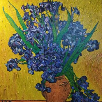Картина под названием "Les iris sur fond j…" - Robert Wundele, Подлинное произведение искусства, Акрил Установлен на Деревян…