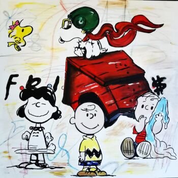 Painting titled "Snoopy and friends" by Roberta Modena, Original Artwork, Acrylic Mounted on Wood Stretcher frame
