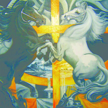 Pintura titulada "caballos-surrealist…" por Roberto Benitez, Obra de arte original, Oleo