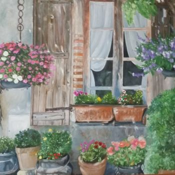 Peinture intitulée "finestra-con-fiori.…" par Monica Polenghi, Œuvre d'art originale, Huile