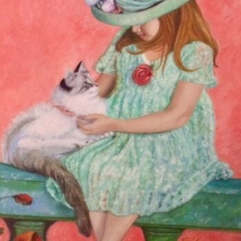 Painting titled "bimba con gatto" by Monica Polenghi, Original Artwork, Oil Mounted on Wood Stretcher frame