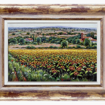 Painting titled "SWEET HILLS AND SUN…" by Roberto Gai, Original Artwork, Oil Mounted on Wood Stretcher frame