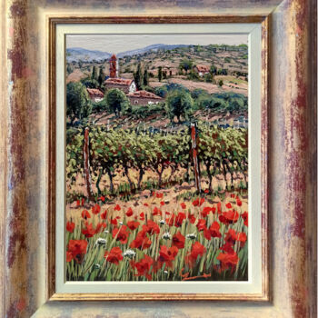 Painting titled "Vineyard & Poppies…" by Roberto Gai, Original Artwork, Oil Mounted on Wood Stretcher frame