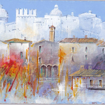 Pittura intitolato "" Borgo medievale"" da Roberto Mauri, Opera d'arte originale, Olio