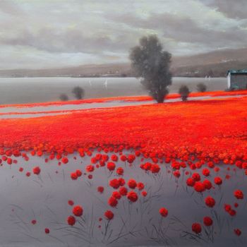 제목이 ""Paesaggio" (red)"인 미술작품 Roberto Mauri로, 원작, 기름 나무 들것 프레임에 장착됨