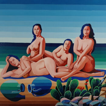 Peinture intitulée "Donne in spiaggia (…" par Roberto Tedoldi, Œuvre d'art originale, Huile