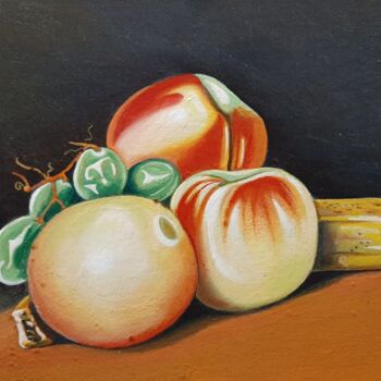 Картина под названием "Frutta su fondo scu…" - Roberto Tedoldi, Подлинное произведение искусства, Масло