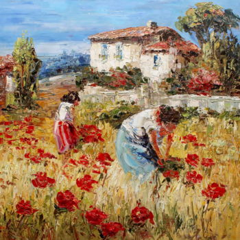 Painting titled "Harvest In Poppy Fi…" by Roberto Fisano, Original Artwork, Oil