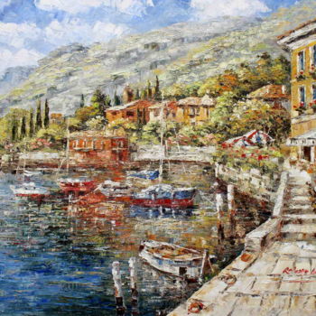 Картина под названием "Lakeside Bellagio C…" - Roberto Fisano, Подлинное произведение искусства, Масло