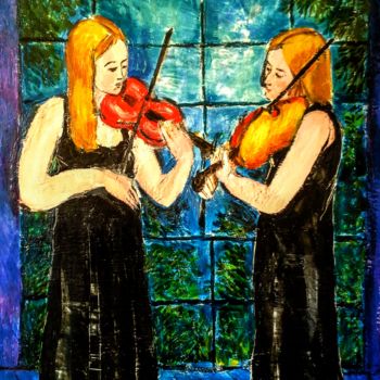 Painting titled "Music, duo in blue" by Robin, Original Artwork, Encaustic