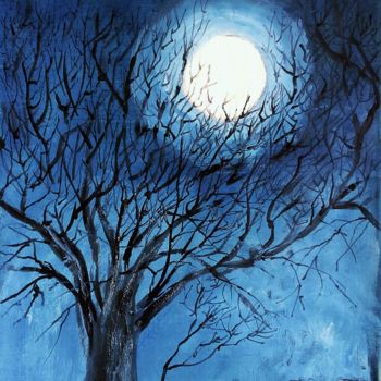 Painting titled "The Moon and the tr…" by Robin, Original Artwork, Encaustic