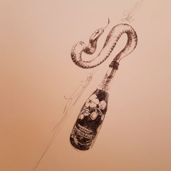 Tekening getiteld "Champagne" door Karl Robial, Origineel Kunstwerk, Inkt