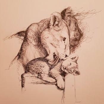 Dessin intitulée "Lionne." par Karl Robial, Œuvre d'art originale, Encre