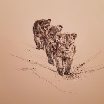 Drawing titled "Petits lions" by Karl Robial, Original Artwork, Ink