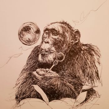 Zeichnungen mit dem Titel "Monkey bulle" von Karl Robial, Original-Kunstwerk, Tinte