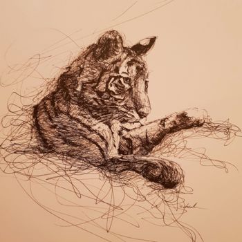 Dessin intitulée "Tigre" par Karl Robial, Œuvre d'art originale, Encre