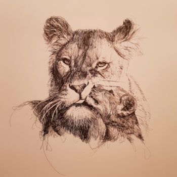 Tekening getiteld "Lions" door Karl Robial, Origineel Kunstwerk, Inkt