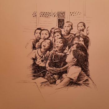 Tekening getiteld "School" door Karl Robial, Origineel Kunstwerk, Inkt