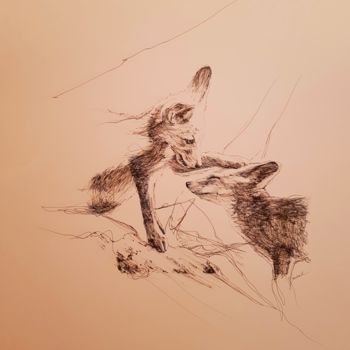 Drawing titled "Renards" by Karl Robial, Original Artwork, Ink