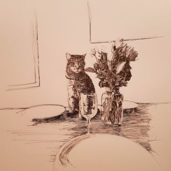 Drawing titled "Chat 4" by Karl Robial, Original Artwork, Ink