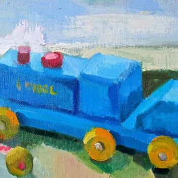 Malerei mit dem Titel "Playskool Train" von Robin Frey, Original-Kunstwerk, Öl