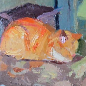 Malerei mit dem Titel "Catnap time" von Robin Frey, Original-Kunstwerk, Öl