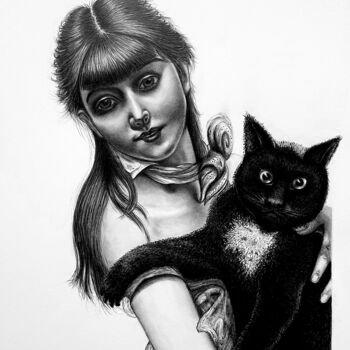 Drawing titled "Girl whit a black c…" by Roby Bí, Original Artwork, Graphite