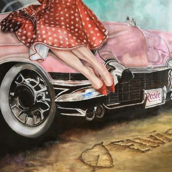 Painting titled "Miss ROSIE PINK CAD…" by Rocha  ,Pin-Up-Style-Painting-Art, Original Artwork, Oil Mounted on Wood Stretcher…