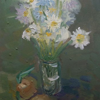 Painting titled "Лук с ромашками" by Polina Rodionova, Original Artwork, Oil