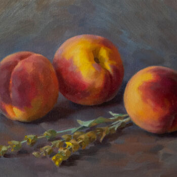 Painting titled "Peaches and lemongr…" by Yuriy Sidorenko, Original Artwork, Oil Mounted on Wood Stretcher frame