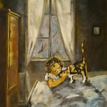 Malerei mit dem Titel "L'enfant et le chat" von Rodolphe Lavayssiere, Original-Kunstwerk, Acryl