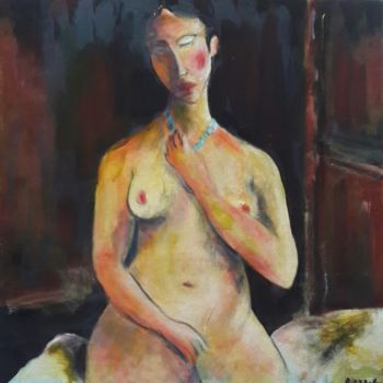 Painting titled "Femme au collier bl…" by Rodolphe Lavayssiere, Original Artwork, Oil