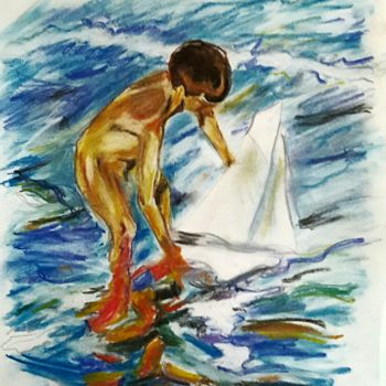 Schilderij getiteld "Le bateau, enfant j…" door Rodolphe Lavayssiere, Origineel Kunstwerk, Pastel